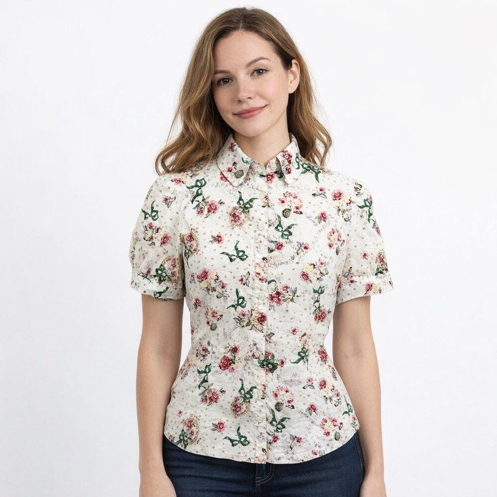 Floral Button Blouse Womens Medium Cottagecore Lapis Workwear Office Romantic